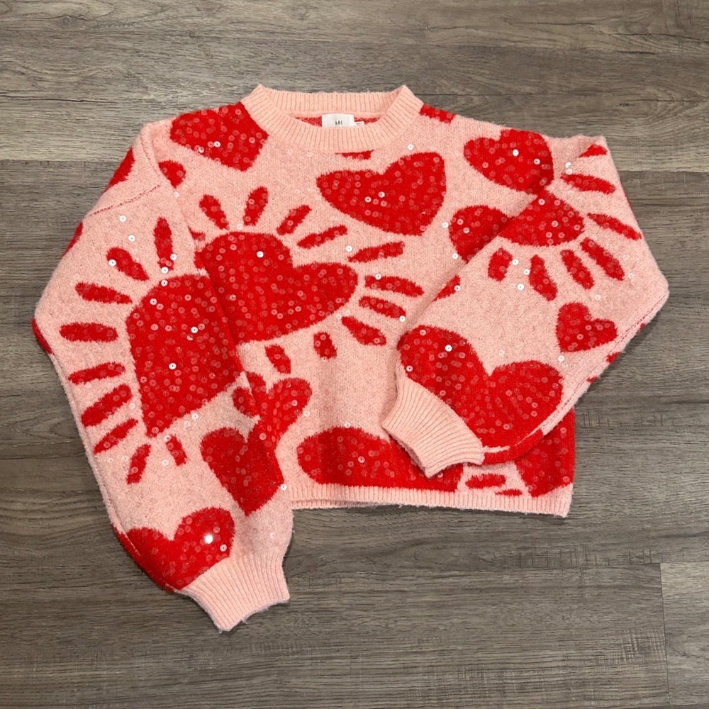 Luna Ivy Anthropologie Pink Red Heart Sequin Sweater Women Small K4750 Knit Crop